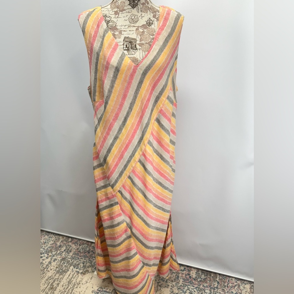PURE JILL Pink, gray & yellow Linen sleeveless V neck maxi sundress size 3X - Picture 9 of 16